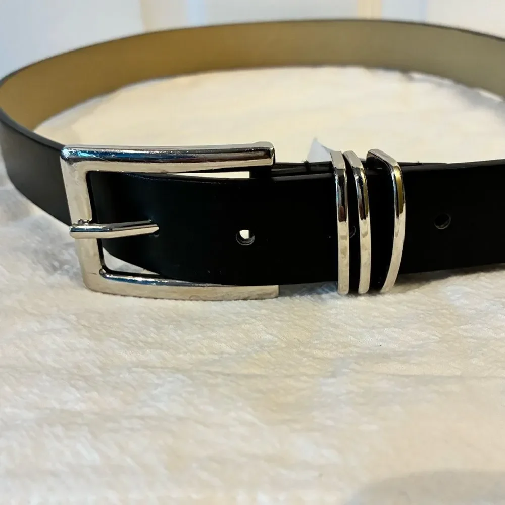 Womens Belt Black Silver Buckle Triple Loop Faux Leather Size Small/Med